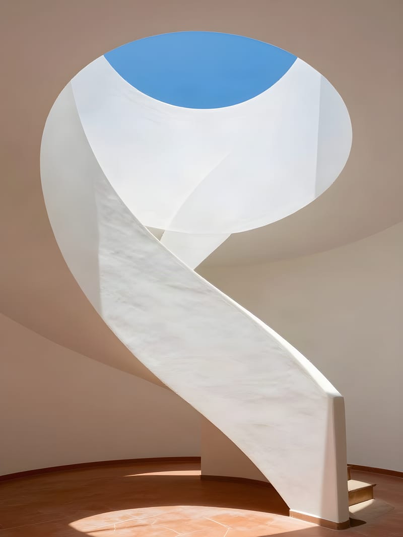 White helical staircase with a blue skylight and defined architectural shadows, upscaled by ESRGAN.
