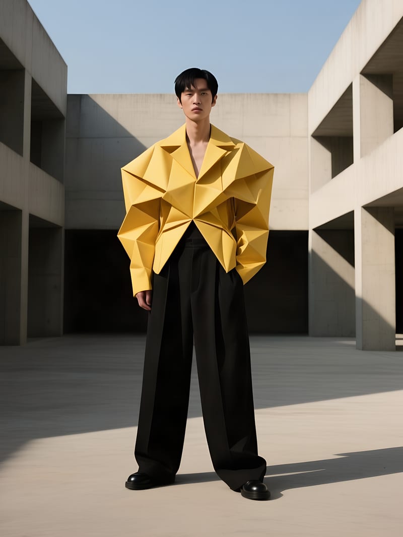 Yellow sculptural jacket fashion concept enlarged with Recraft Upscale.