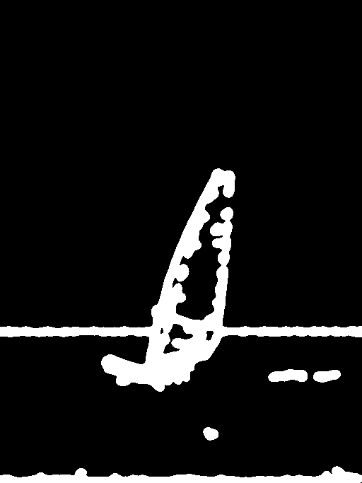 White windsurfer, sail and horizon contours on black, extracted by Scribble Detection using HED.