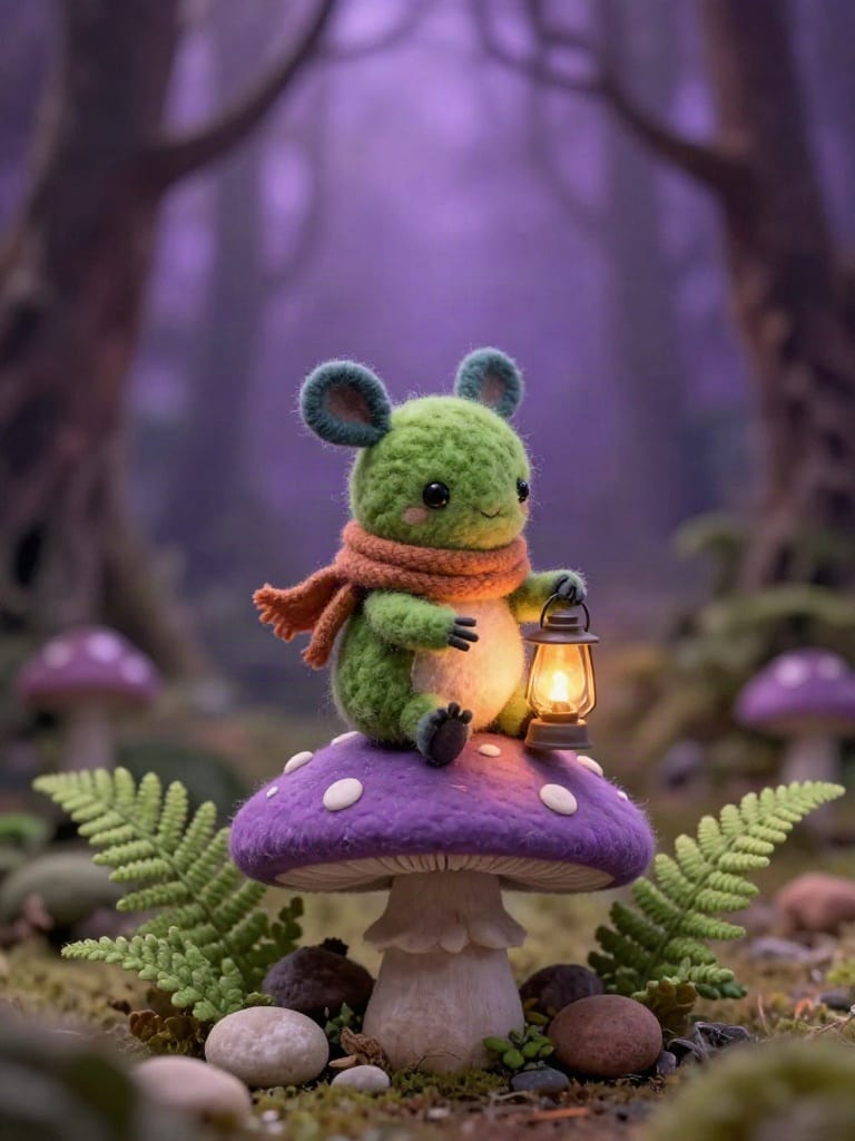 Small green felt creature holding a glowing lantern on a lilac mushroom in a miniature forest, generated with Z-Image.