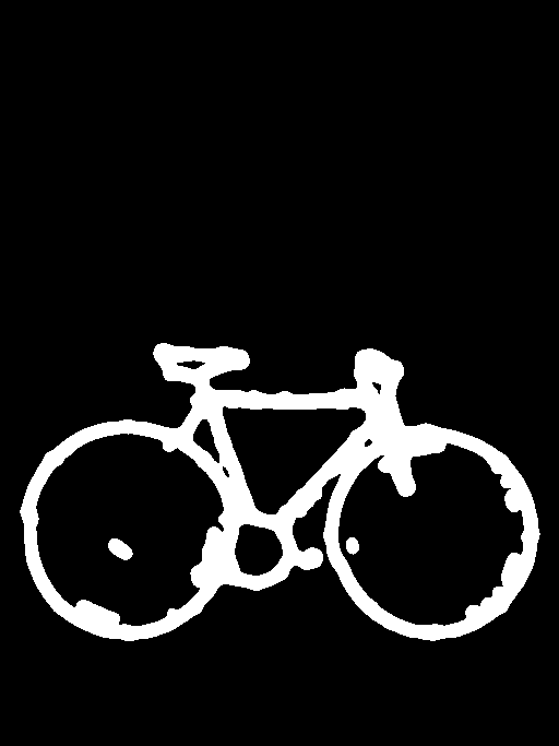 White bicycle frame and wheel outlines on black, extracted by Scribble Detection using PiDiNet.