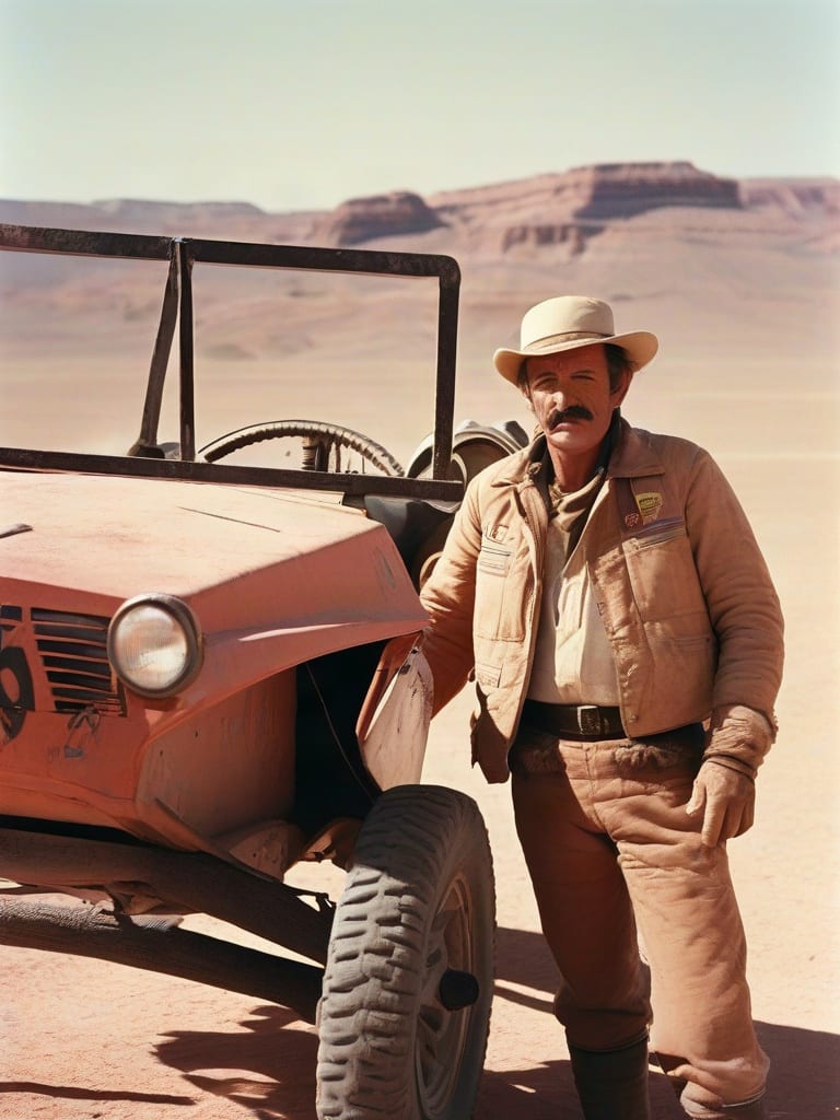Fictional archival portrait of a mustached rally driver beside a dusty desert vehicle.