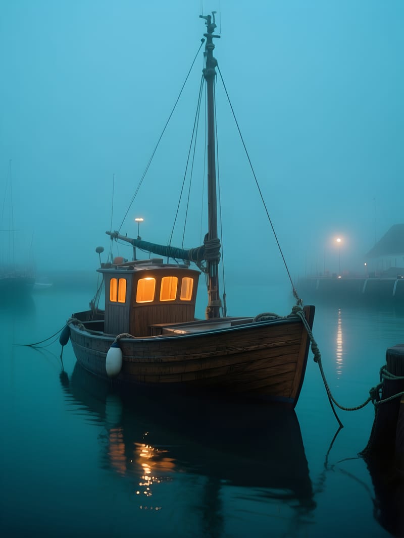 Blue-hour fishing boat cinematic concept enlarged with Recraft Upscale.