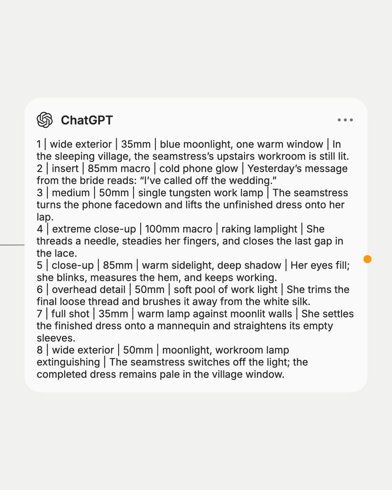 ChatGPT node output: an eight-shot list for a seamstress finishing a called-off wedding dress, one pipe-separated line per shot