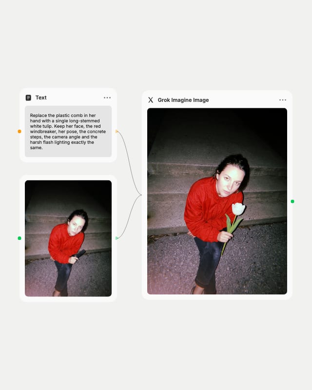 Fuser canvas: a Text node with an edit prompt and a night flash photo of a woman in a red windbreaker wired into Grok Imagine Image